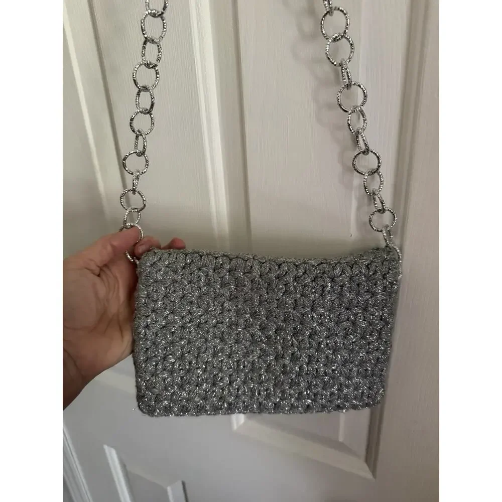 Piti Purse Handmade in Italy Silver Metallic Crochet Chain VTG Shoulder Bag